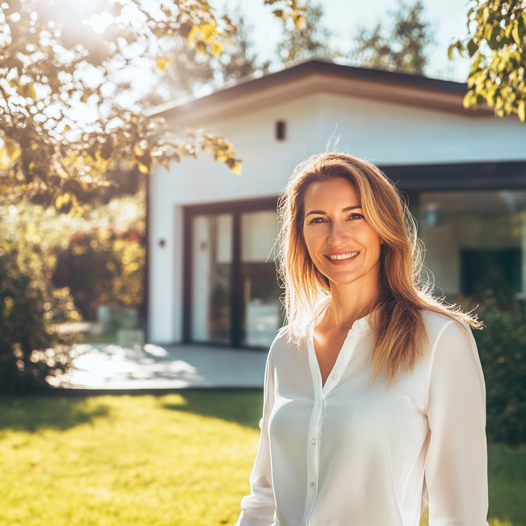 Owner wears white, stands by modern sunny home