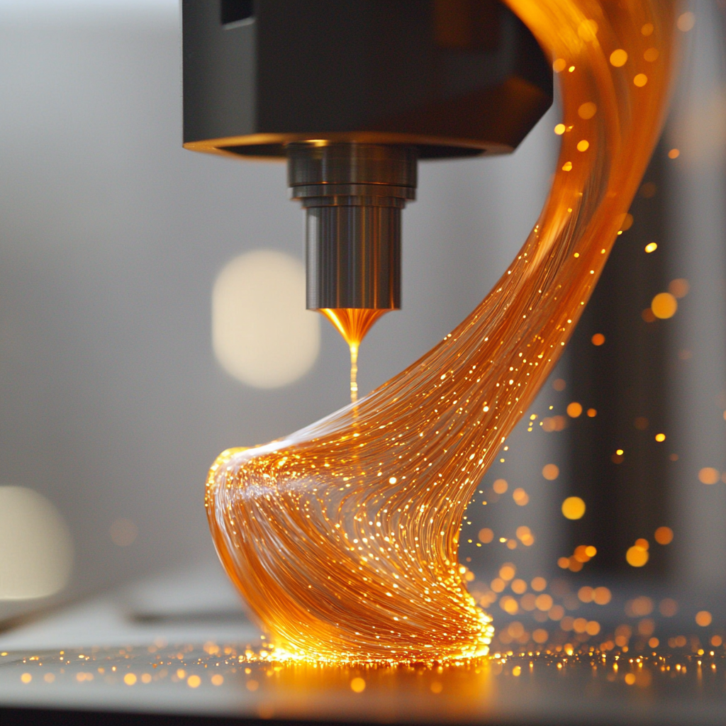 PLA filament speeding into 3D printer with sparks.