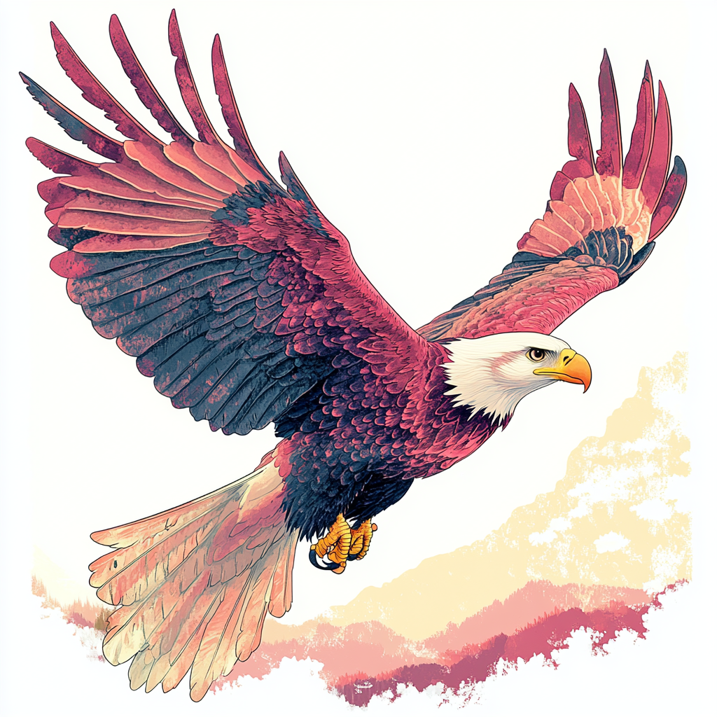 PNG eagle illustration soaring with colorful background.