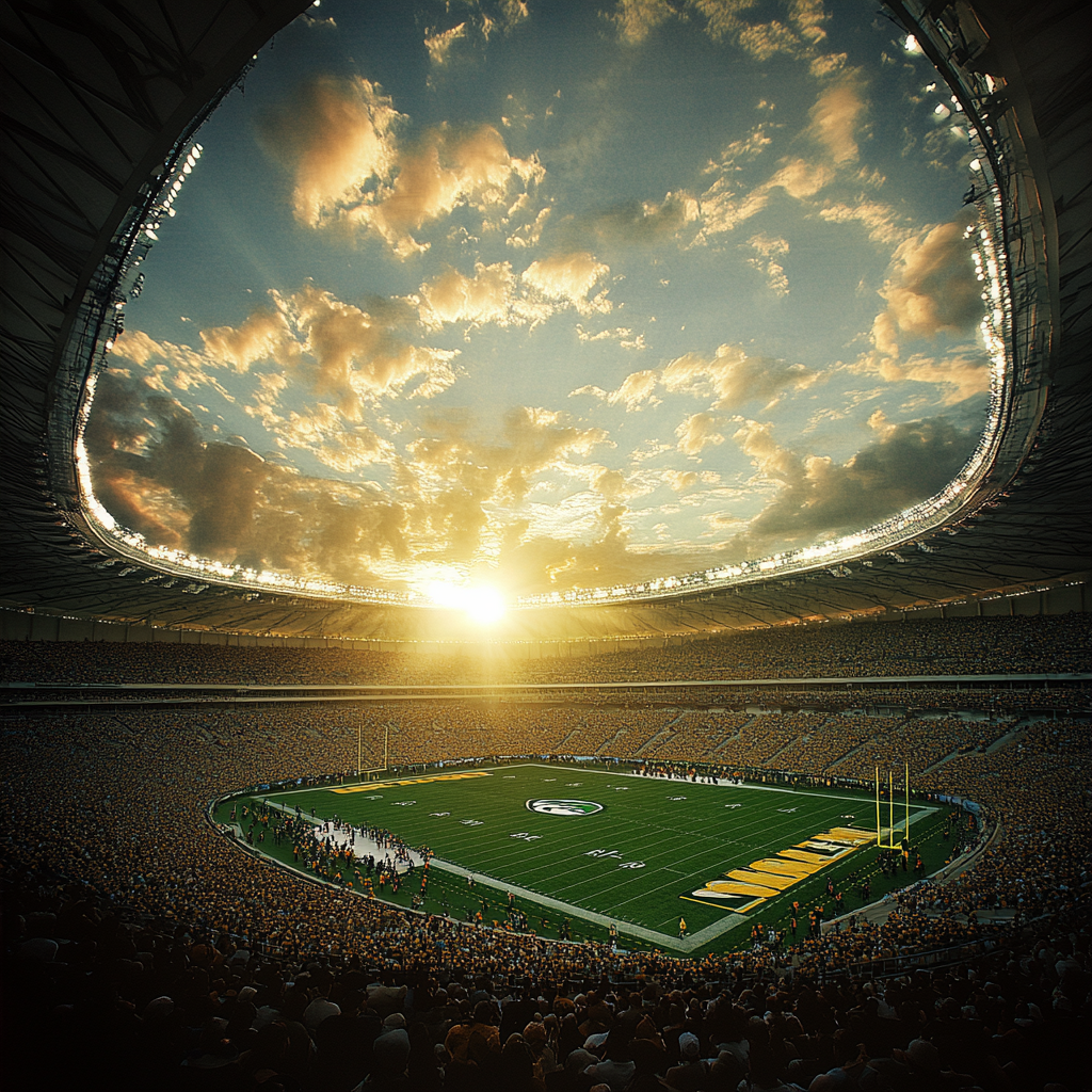 Packers football game at blocked Brazilian stadium, sun glare.