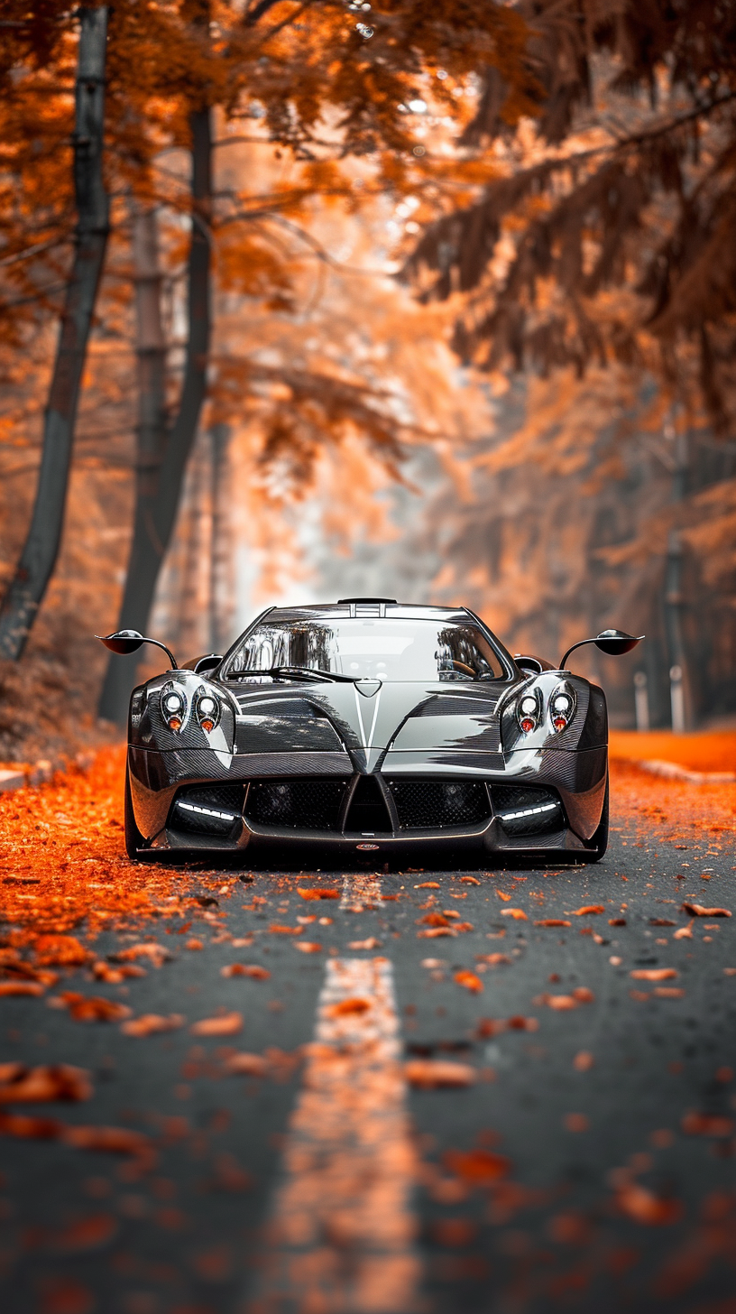 Pagani Huayra Custom Widebody Black Car on Autumn Jungle Road