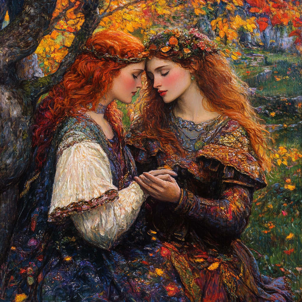 Painting in Pre-Raphaelite style: September essence in rich, saturated colors.