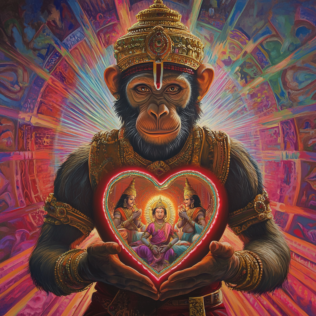 Painting of Hanuman Holding Divine Heart with King and Queen