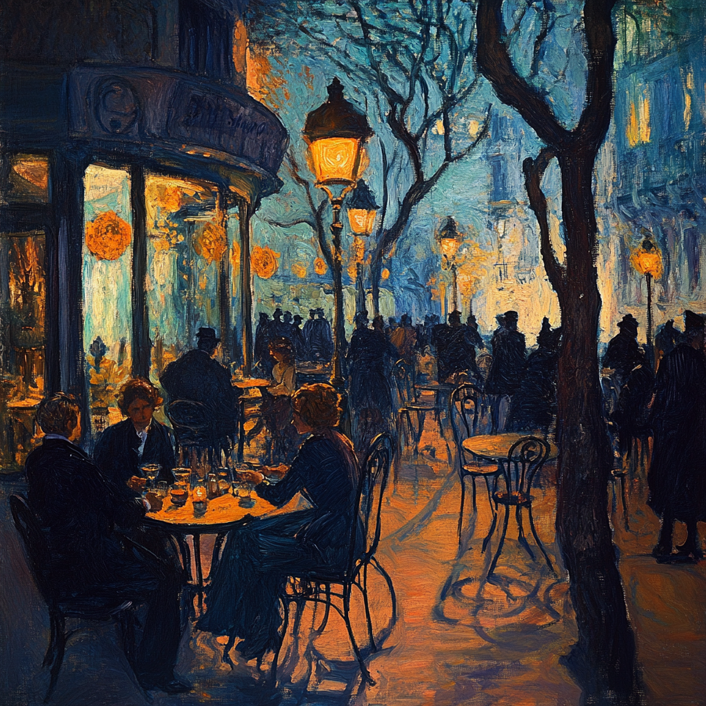 Painting of Lautrec in Paris cafe with people talking.