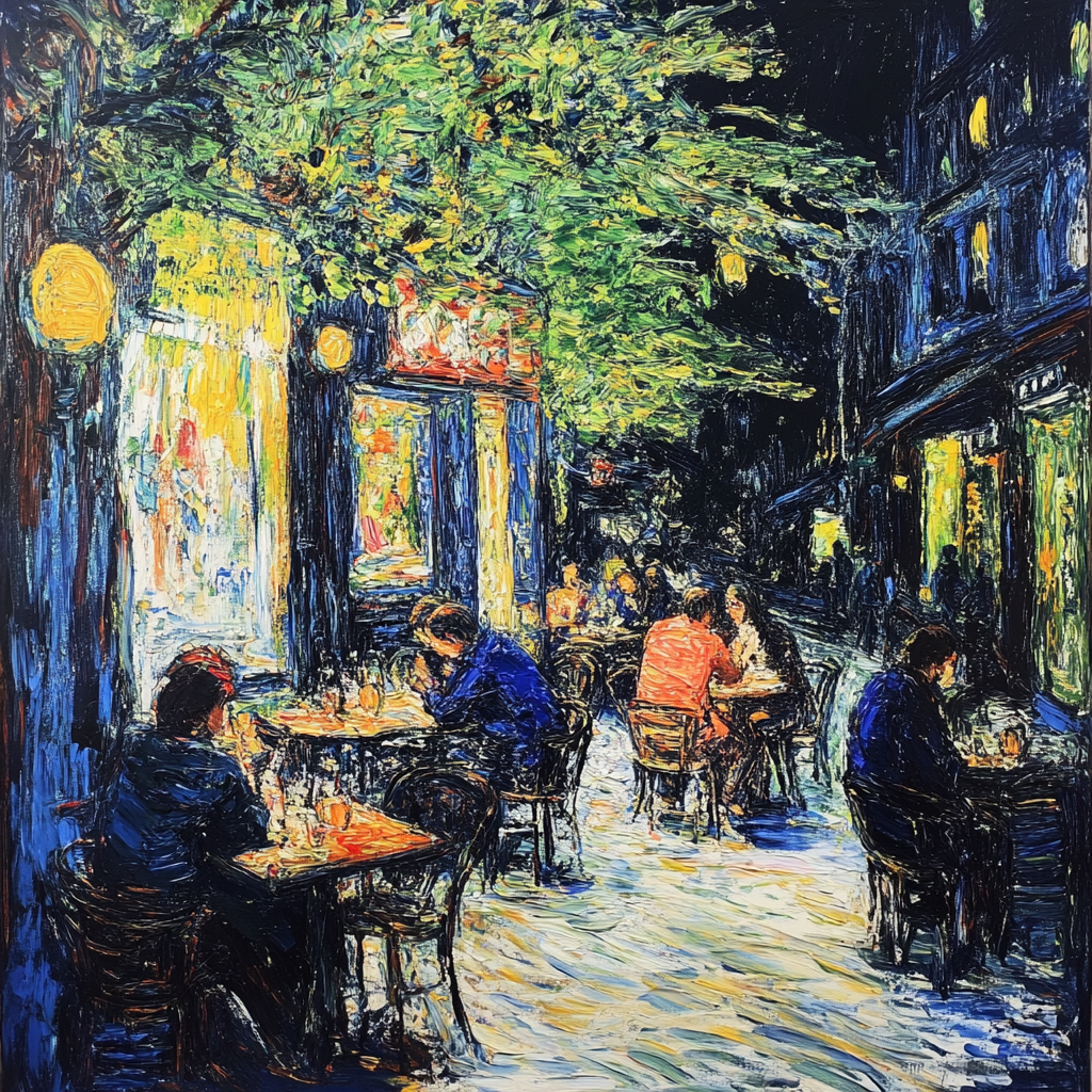 Painting of Monet in New York, shiny oil paint.