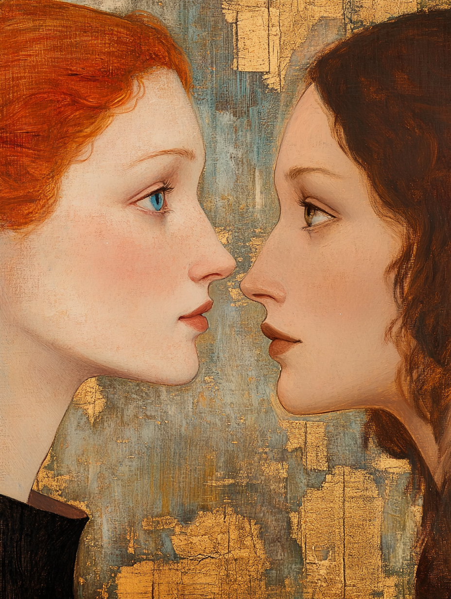 Painting of Red-Haired Female Couple in Gold Leaf