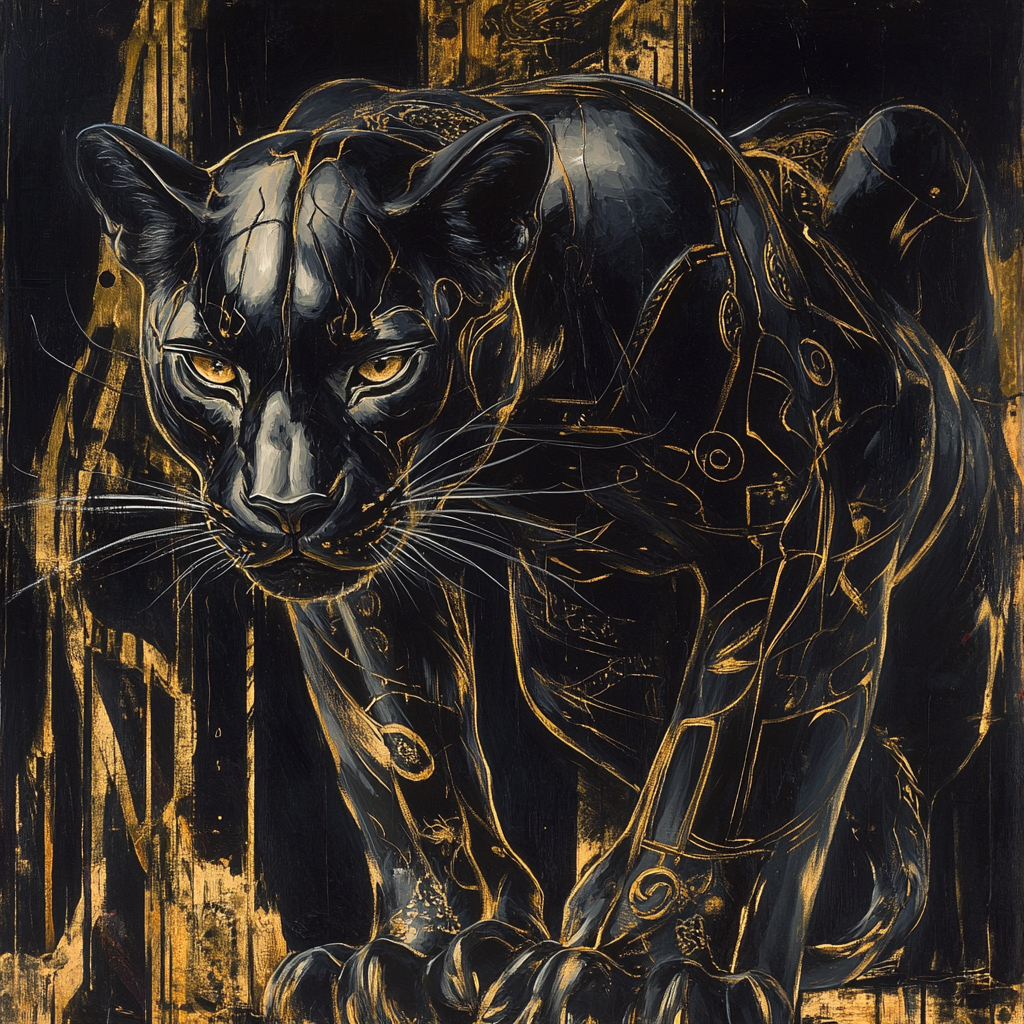 Painting of a panther in dark academia style.