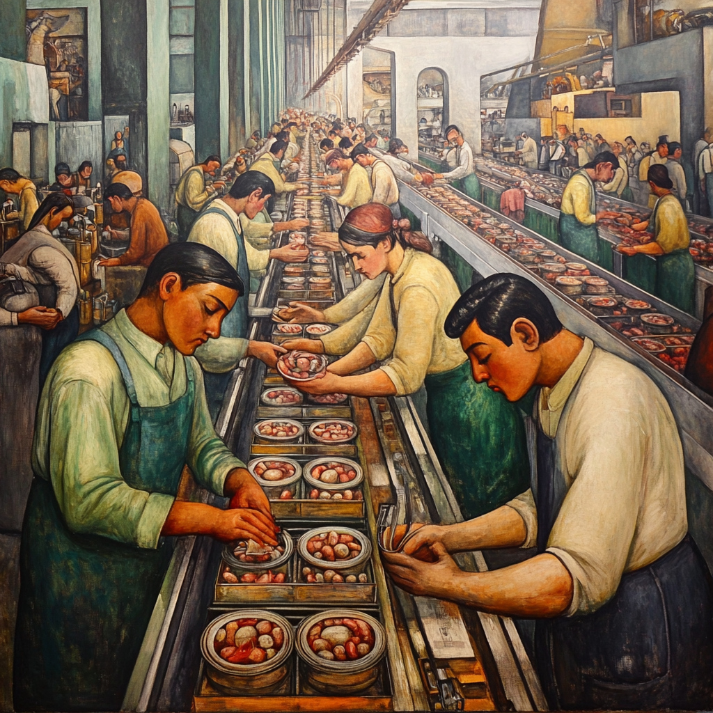 Painting of factory workers as religious leaders, souls conveyer.