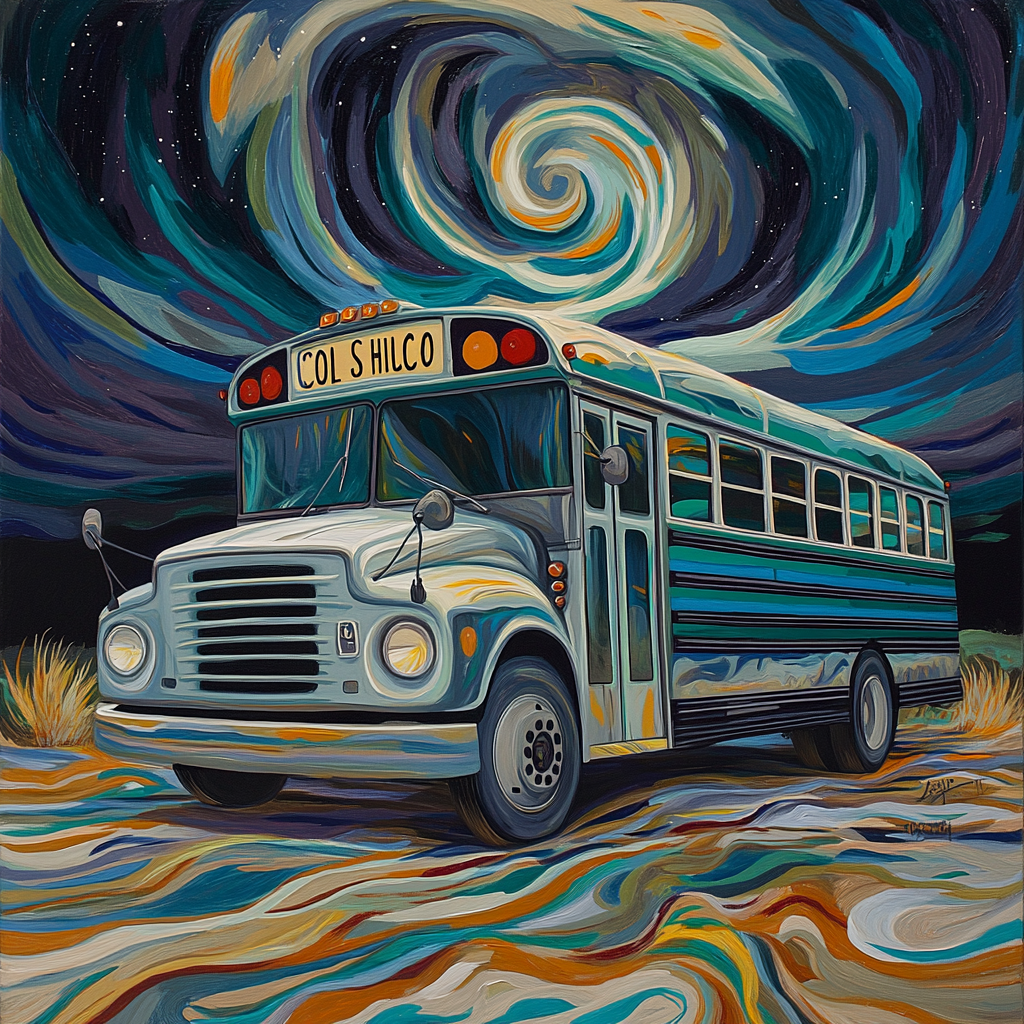 Painting of gray school bus with teal strips.