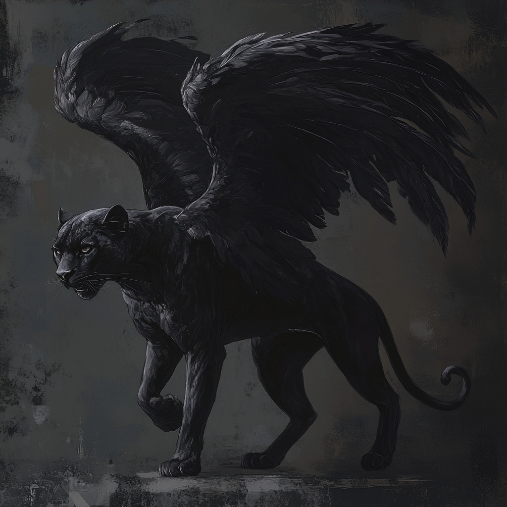 Painting of panther with black feathered wings in dynamic pose highlighting muscular form and wings, dark background enhances majestic form with wings.