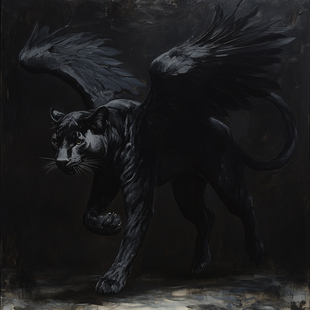 Painting of powerful panther with black feathered wings.