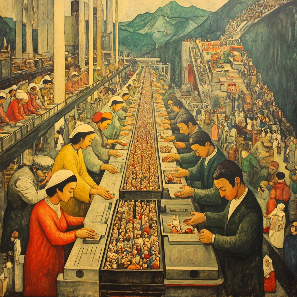 Painting of religious figures at assembly line factory.