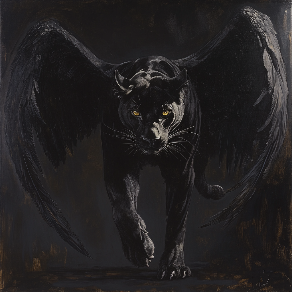 Paintingu of aggressive panther with black feathered wings.