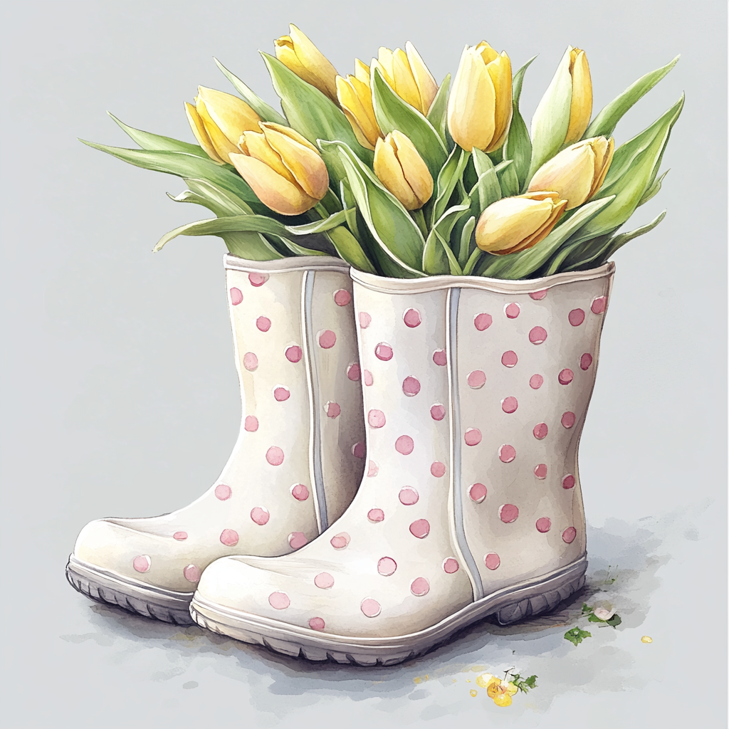 Pair of white wellies with pastel pink design