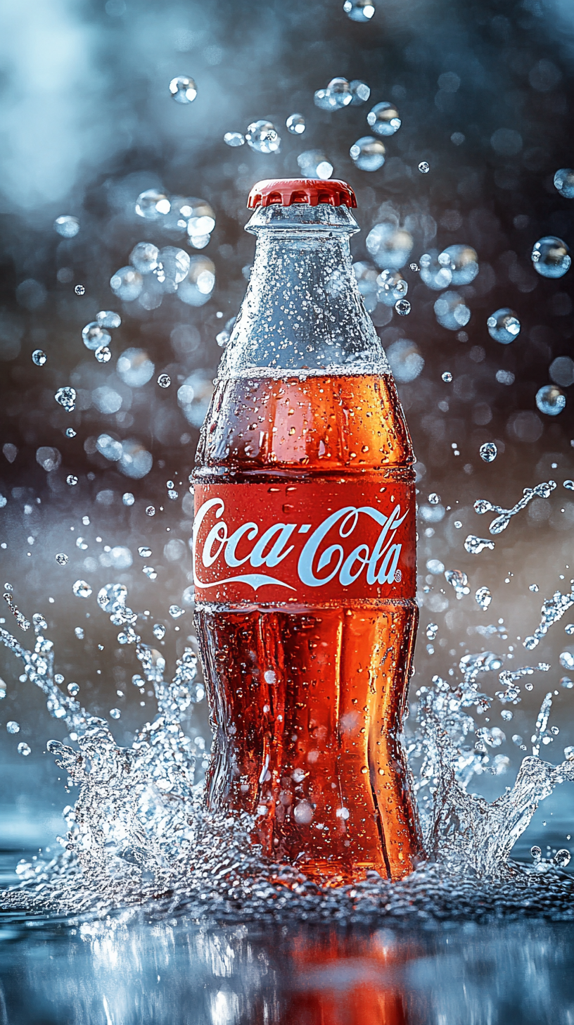 Pale Coca-Cola bottle on water with bubbles and droplets.