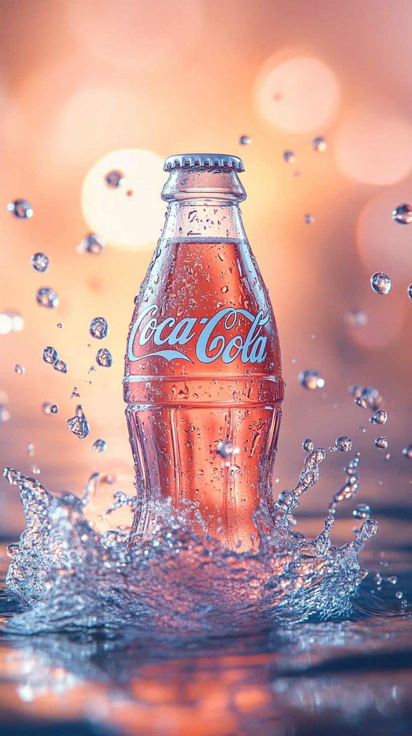 Pale cherry-red Coca-Cola bottle in sparkling water.