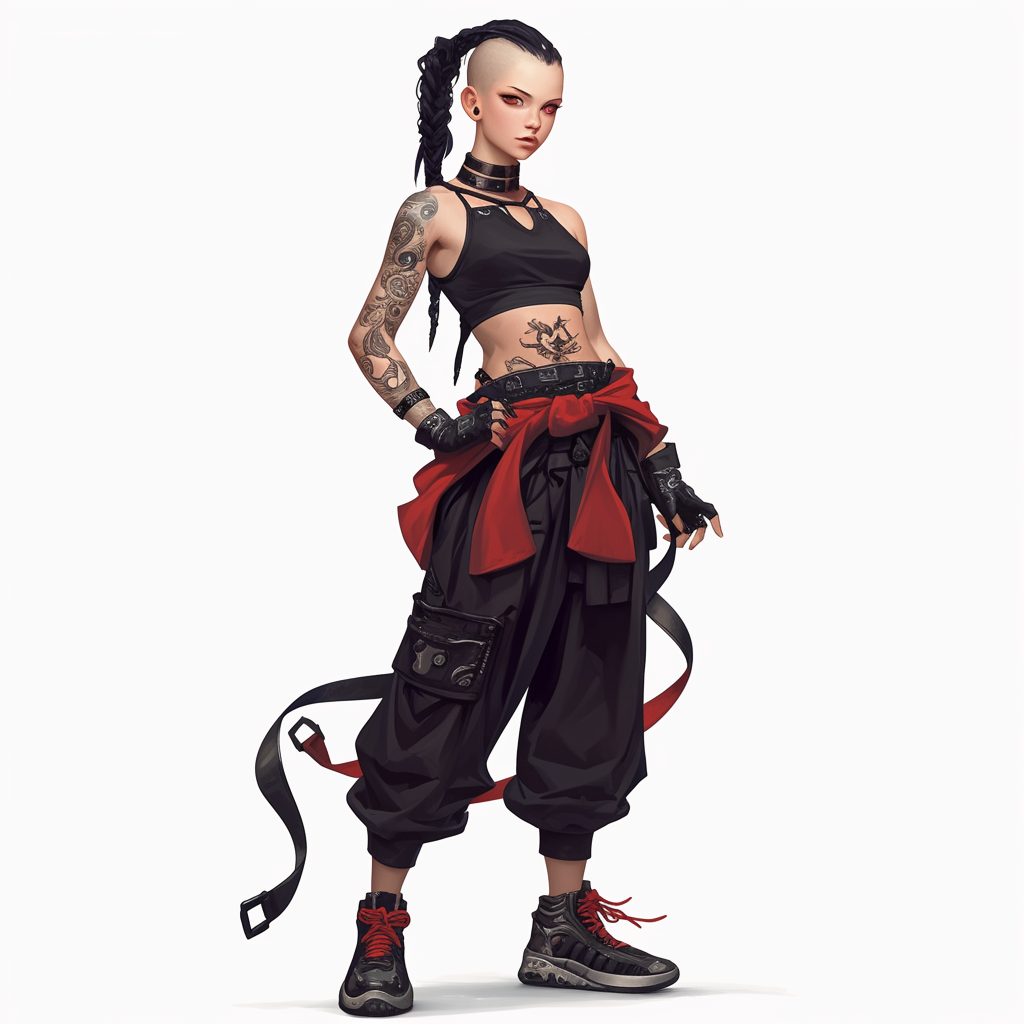 Pale gothic girl with ruby eye, aggressive martial arts.