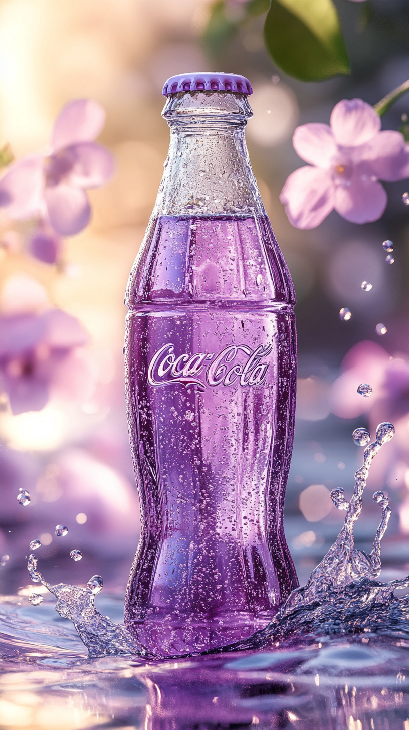 Pale purple Coca-Cola bottle in sparkling water, detailed studio shot.