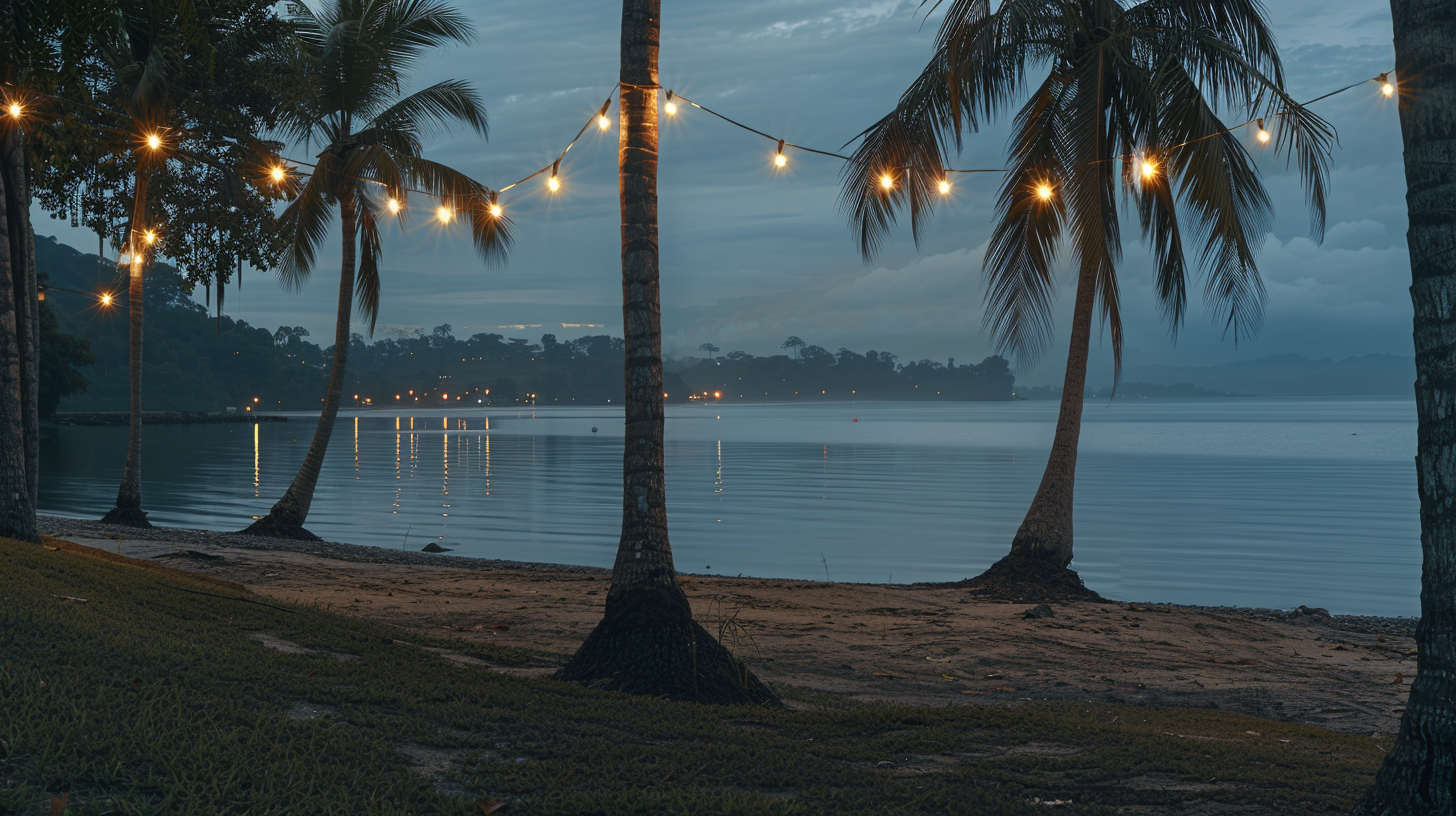 Palm trees, string lights on moonlit deserted beach.