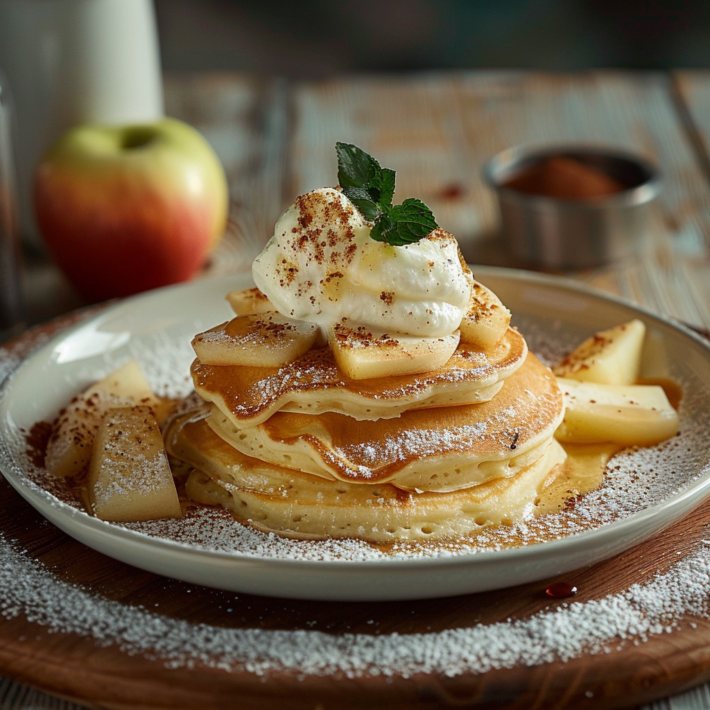 Pancake with vanilla cream and apple slices on plate.