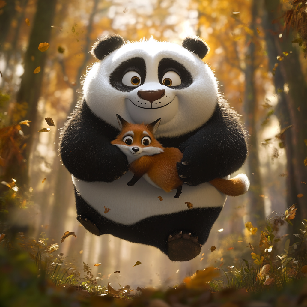 Panda and fox running in woods, Pixar style, HD