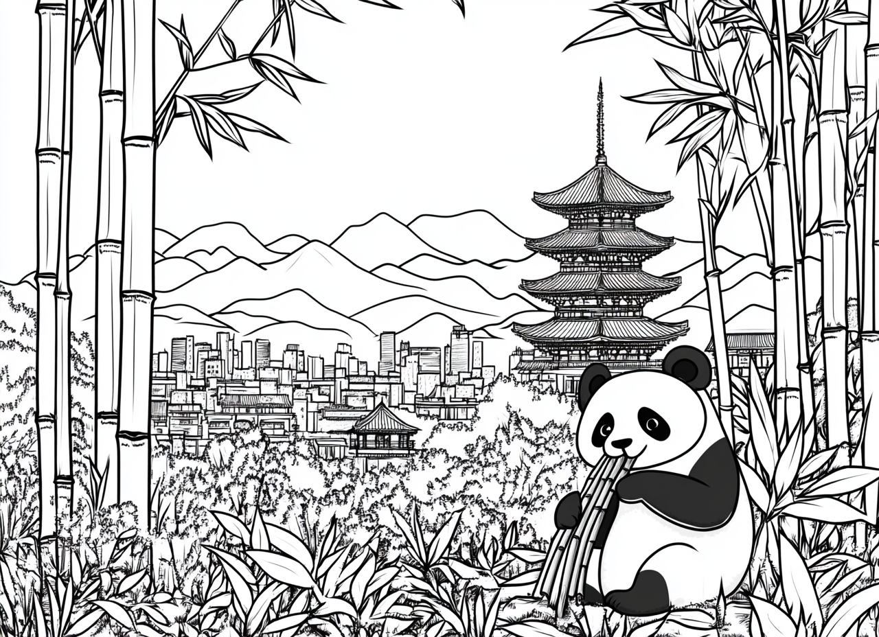 Panda eating bamboo in front of Pagoda. Kawaii style.