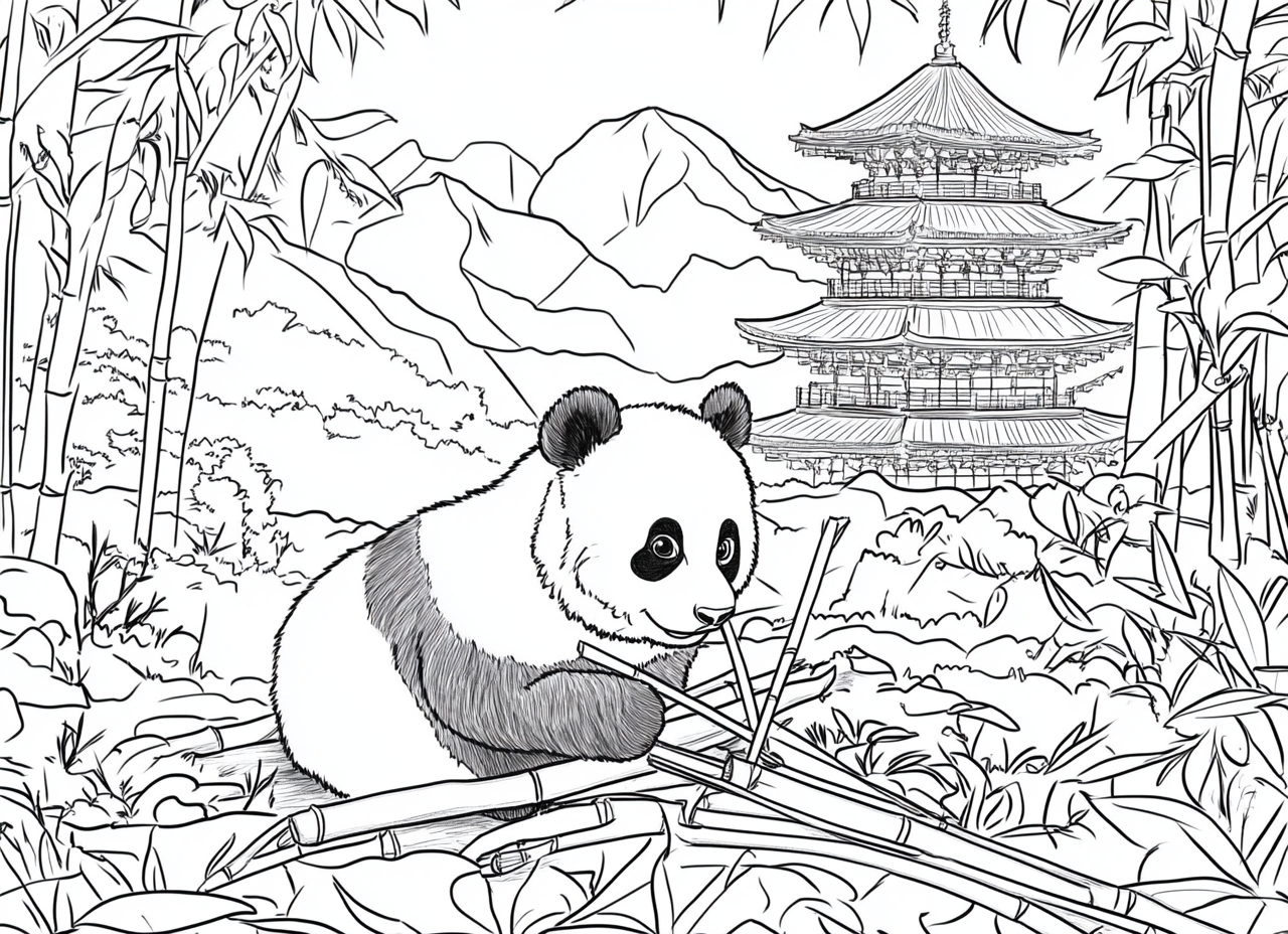 Panda eating bamboo sticks in front of Pagoda.