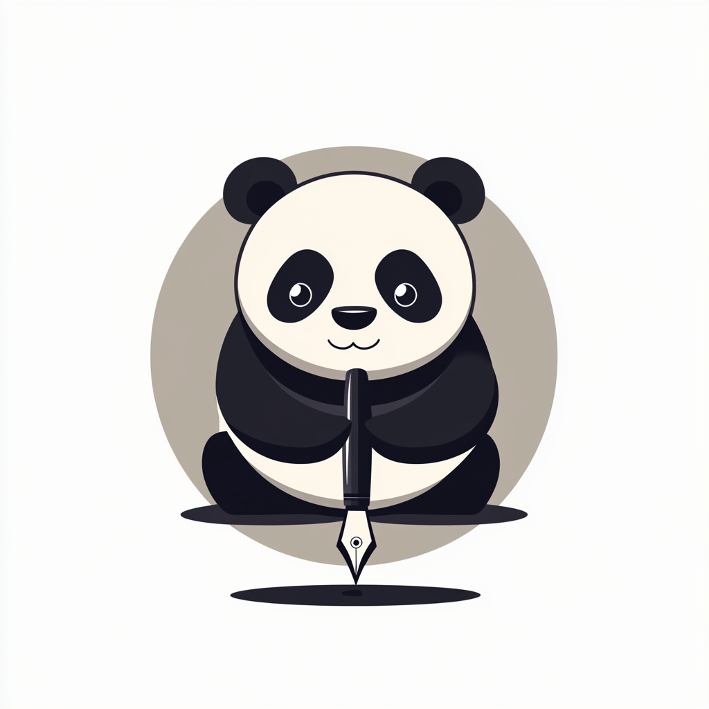 Panda holding pen in simple logo design.