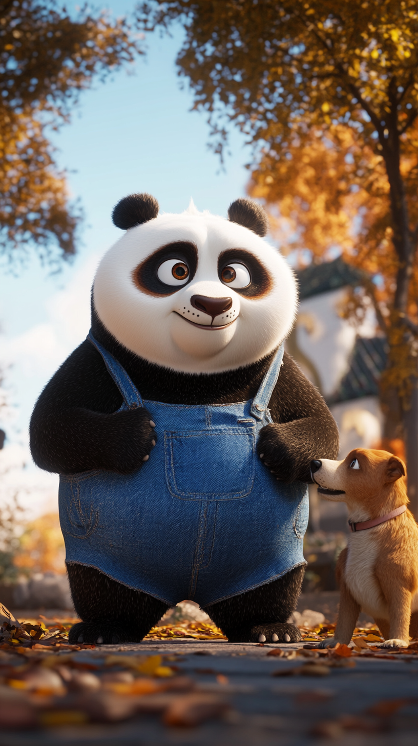 Panda in overalls talking to dog in Pixar style.