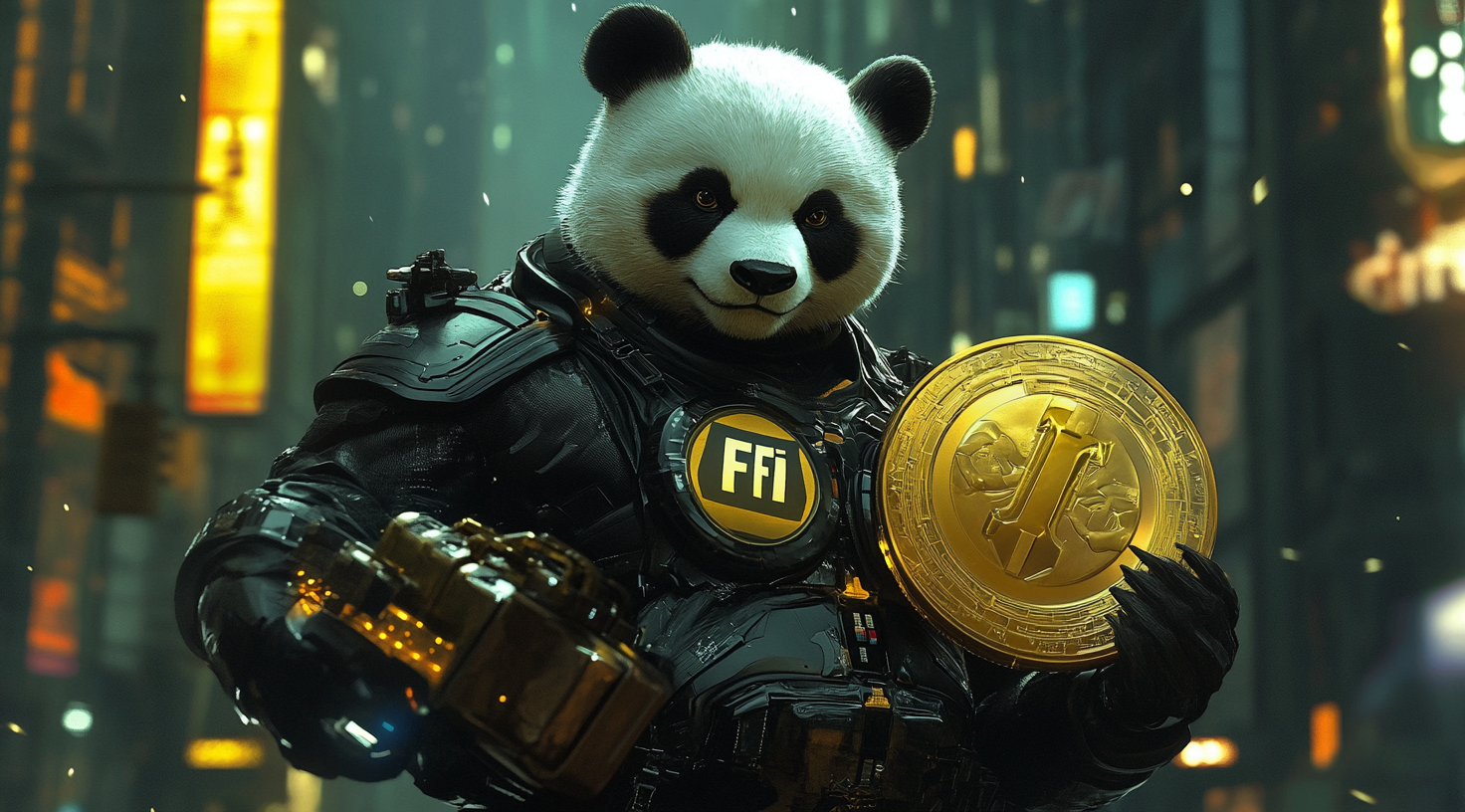 Panda superhero with golden coin in futuristic city