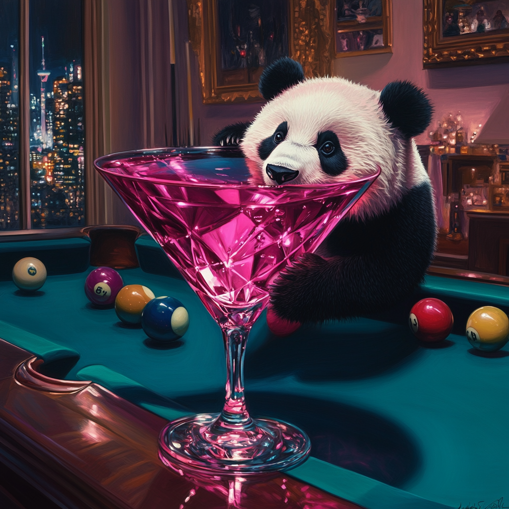 Panda trying to get pink diamond in glass