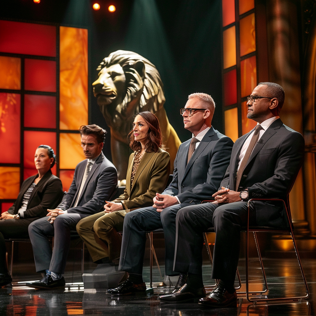 Panel of judges on competition TV show with lion statue prop.