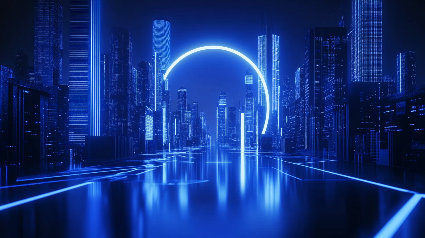 Panoramic photos of Modern Electric city with neon lines