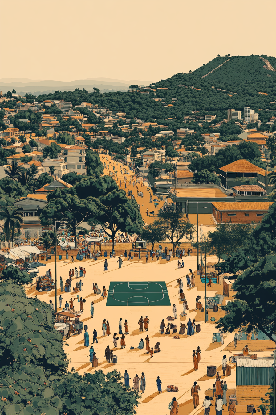 Panoramic scene in Abuja, locals in traditional clothing interact.