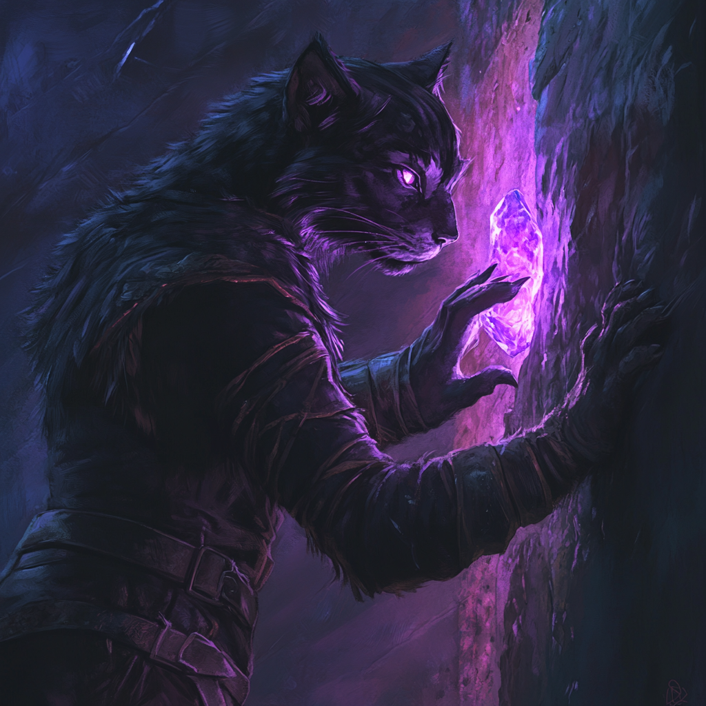 Panther-tabaxi-person with black fur extracting purple crystal.