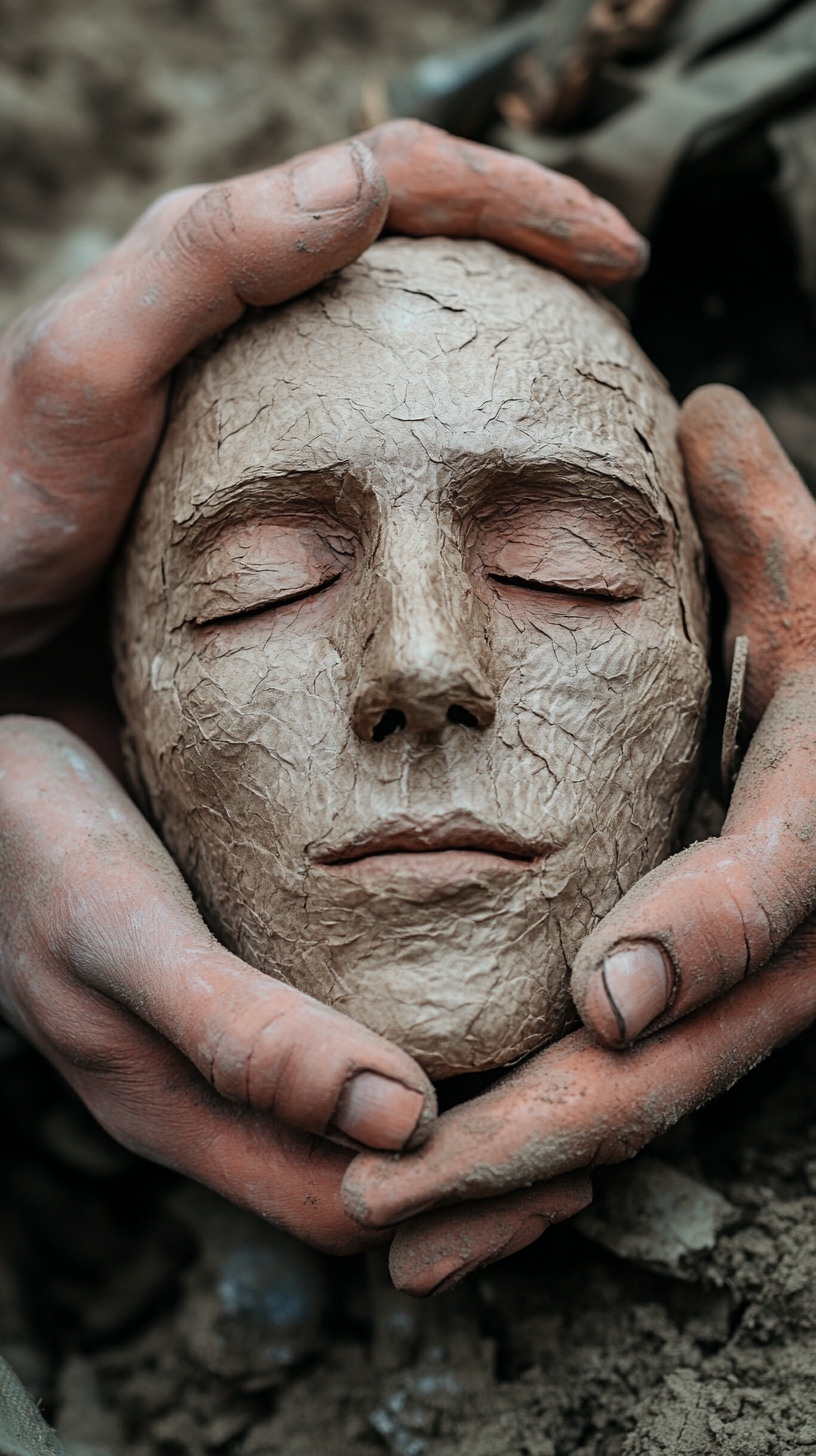 Papier-mâché dummy head with lifelike paint and hair.