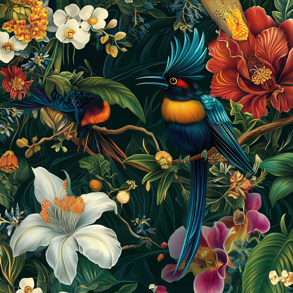 Paradise birds on vibrant flowers with intricate patterns.