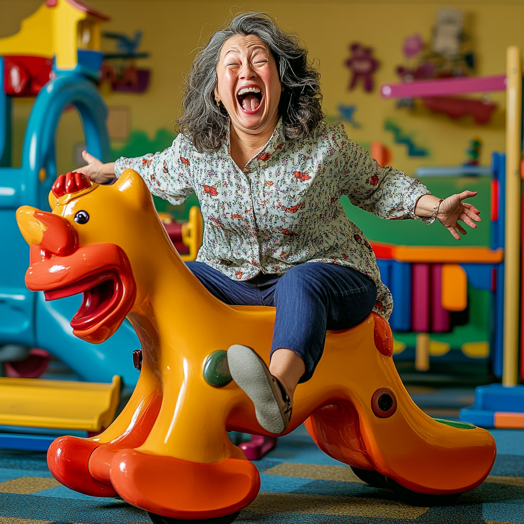 Parent playing joyfully on playground toy