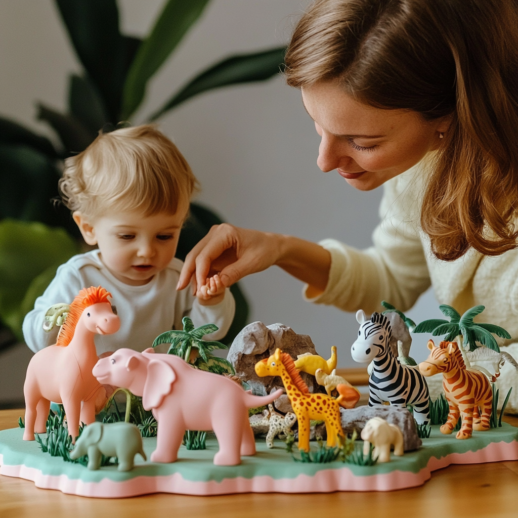 Parents and Child Play with Pink Toy Animals.