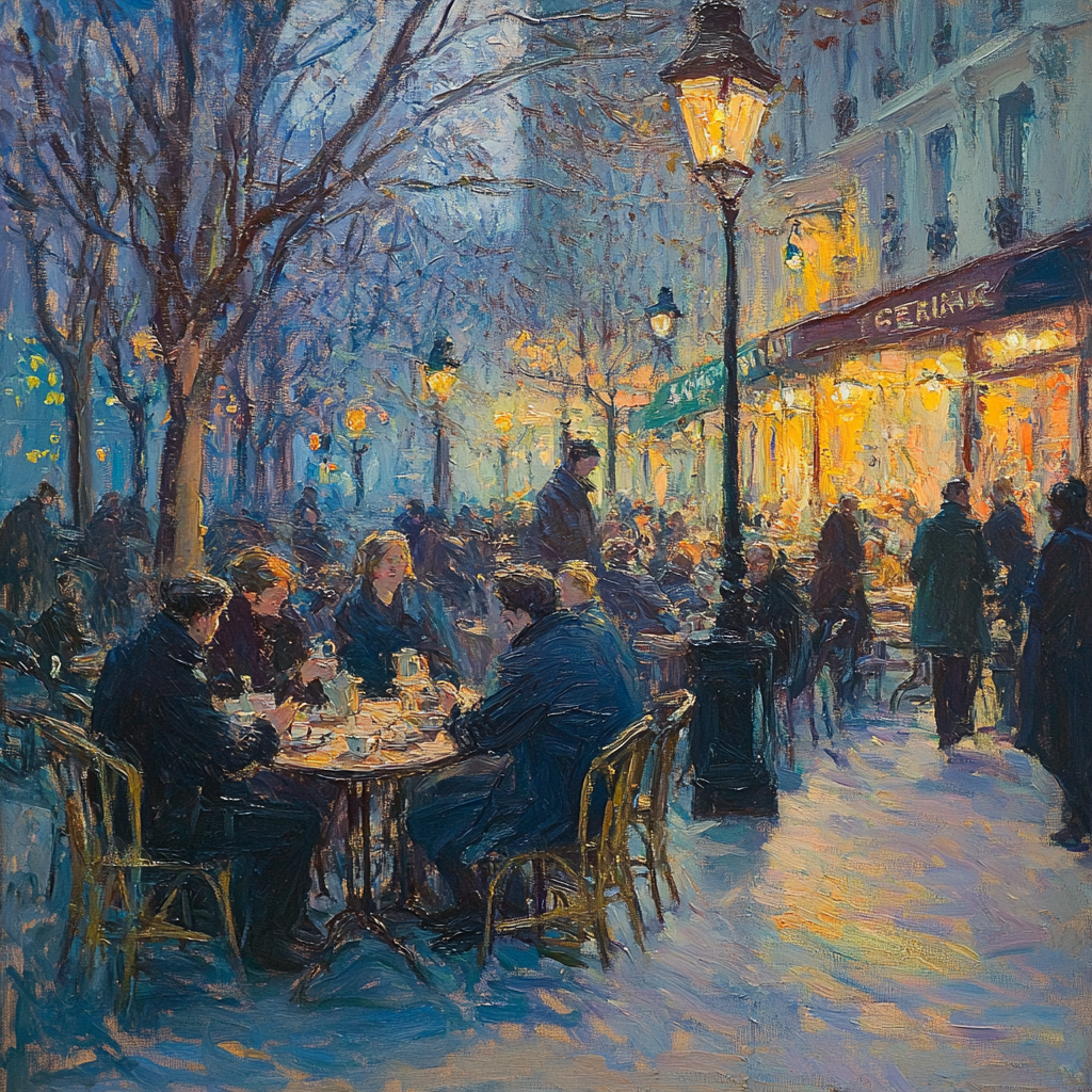 Paris scene with people, coffee, shadows, holographic design.