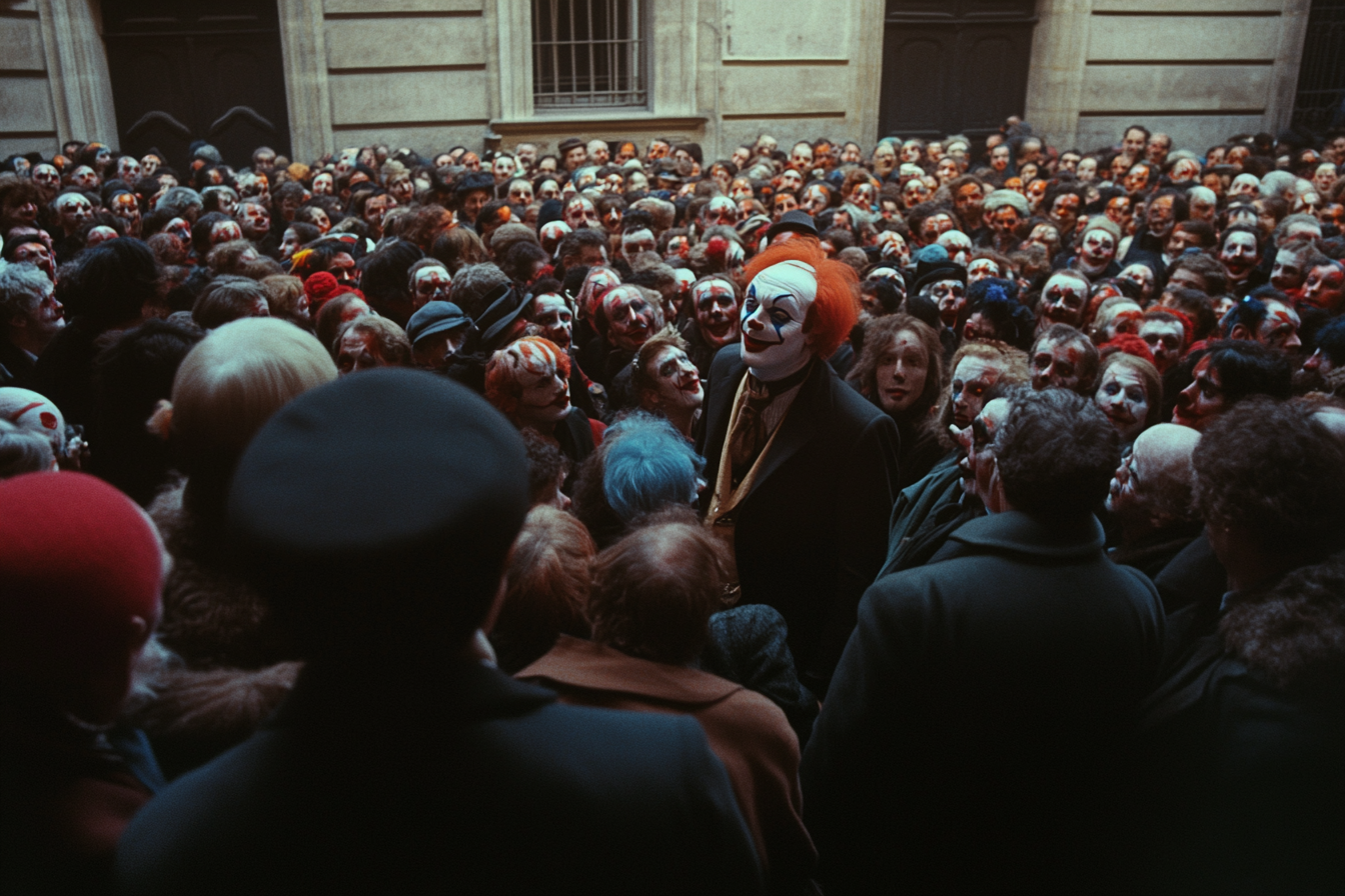 Paris square full of clowns looking up