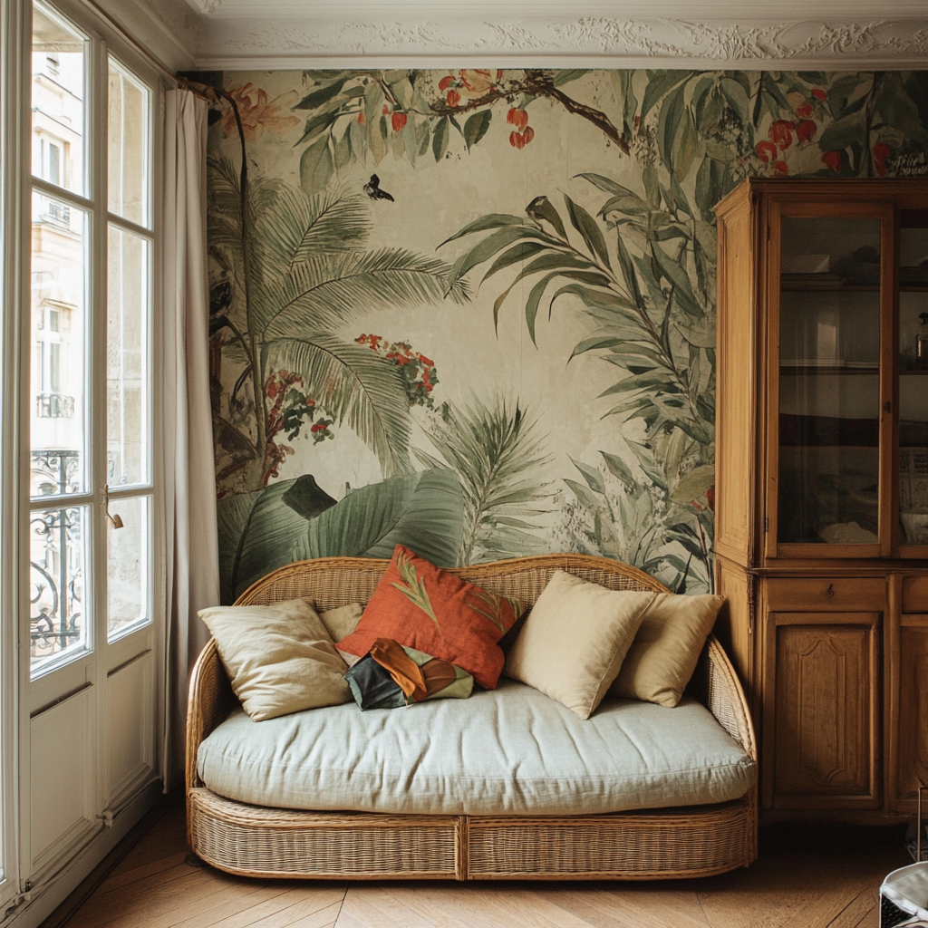 Parisian Studio in Montmartre with Tropical Wallpaper