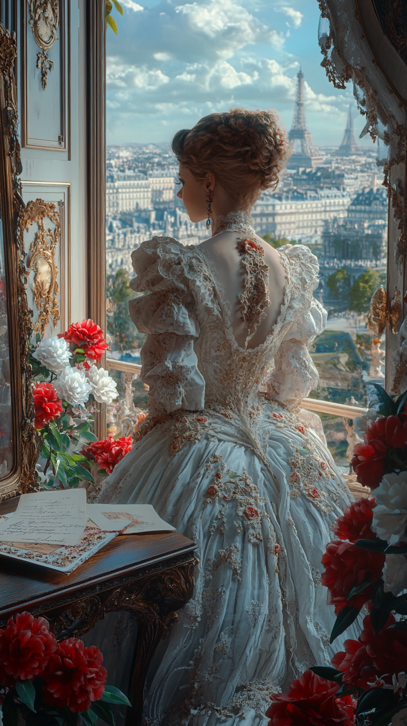 Parisian lady in luxury dress in elegant room setting.