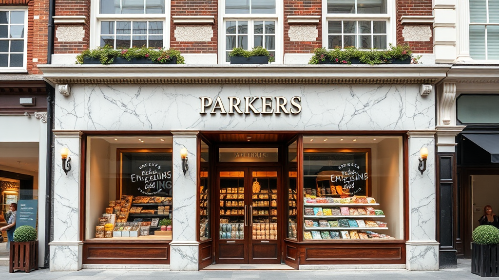 Parkers shop exterior, marble and wood, English food.