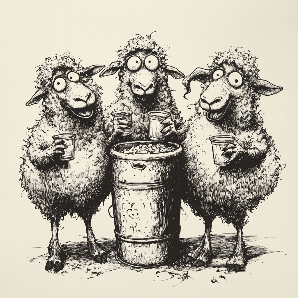 Party sheep around keg - one mischief, two drunk