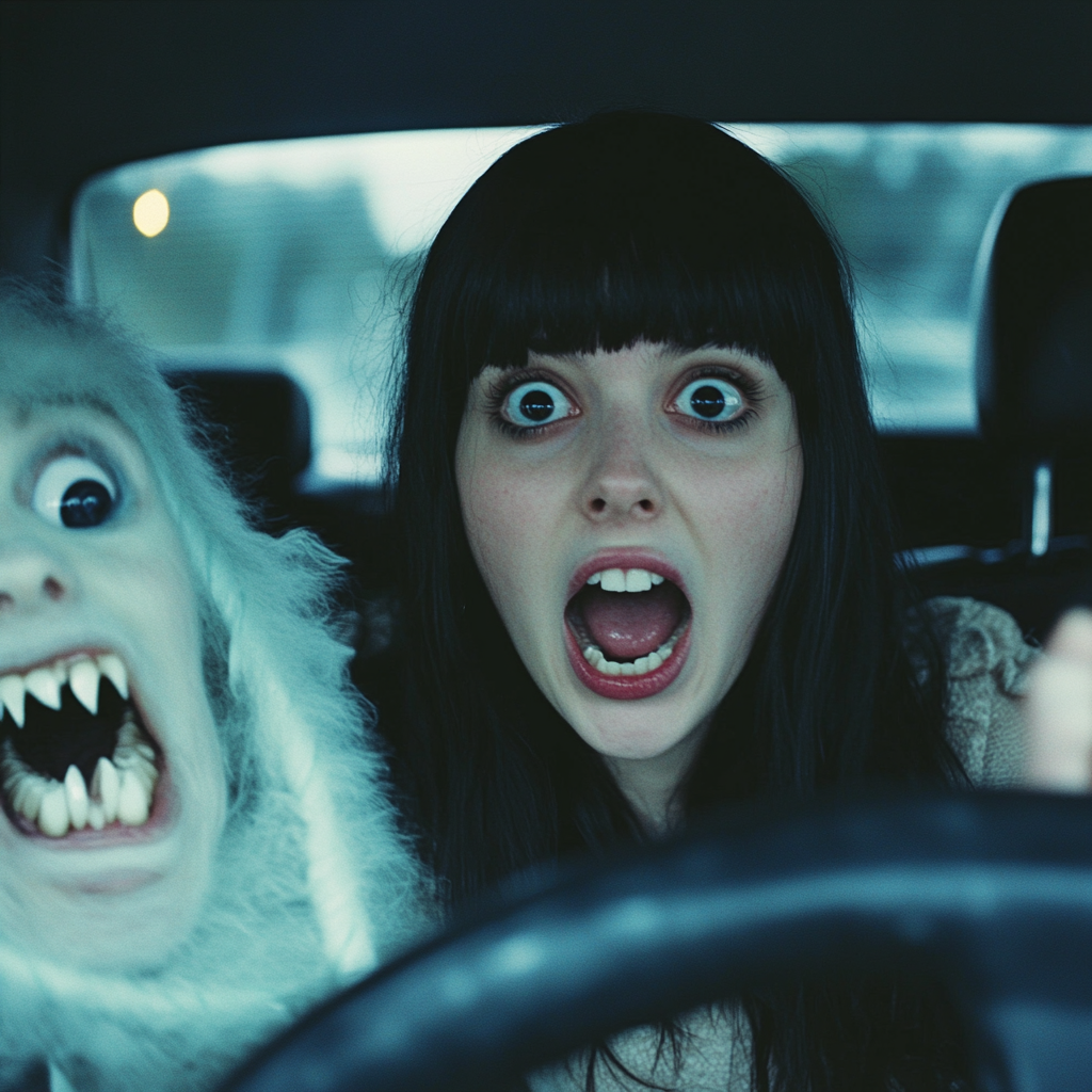 Passenger and driver scream at ghostly monster