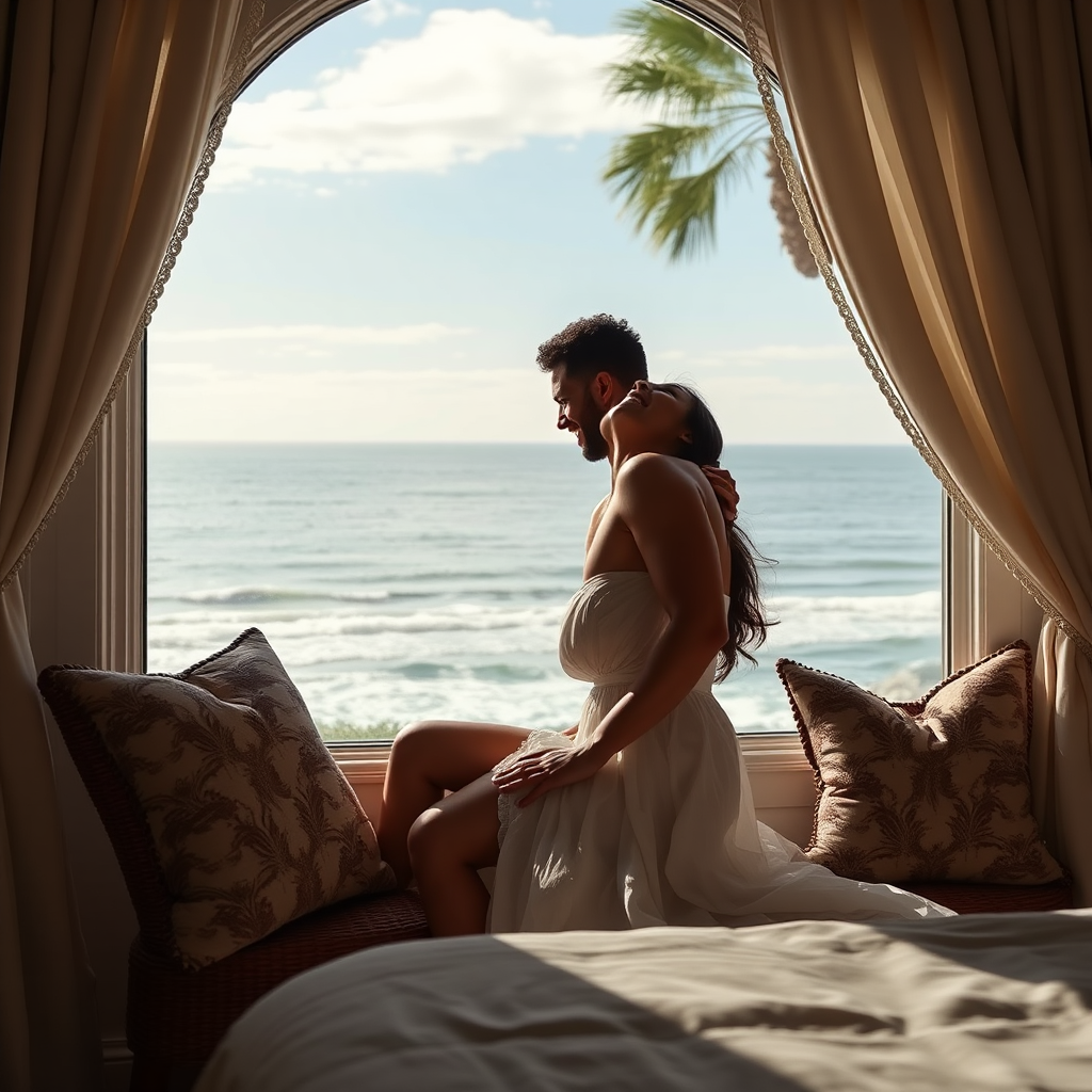 Passionate love by window in California seaside suite.