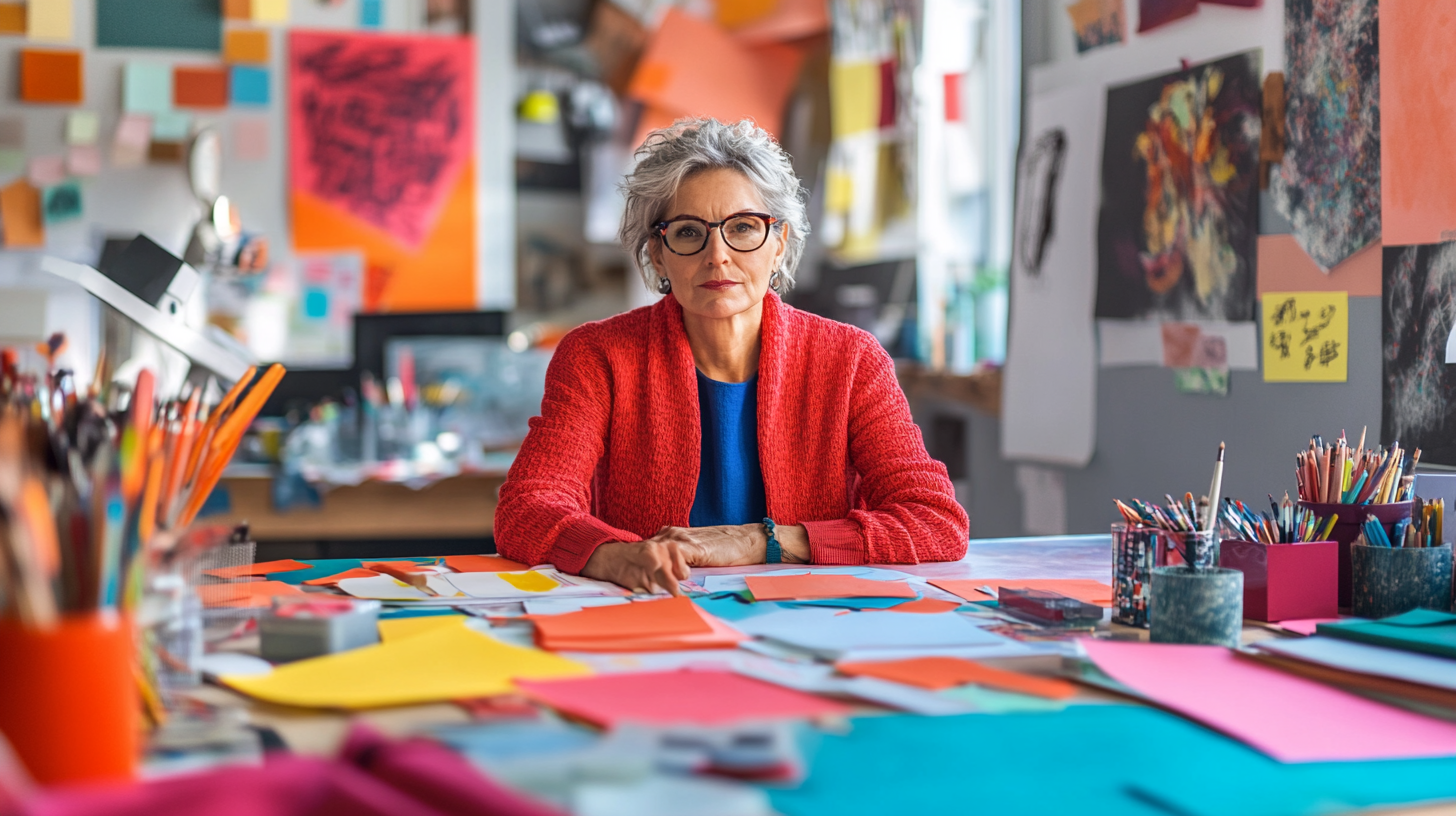 Passionate middle-aged woman brainstorming at cluttered desk.