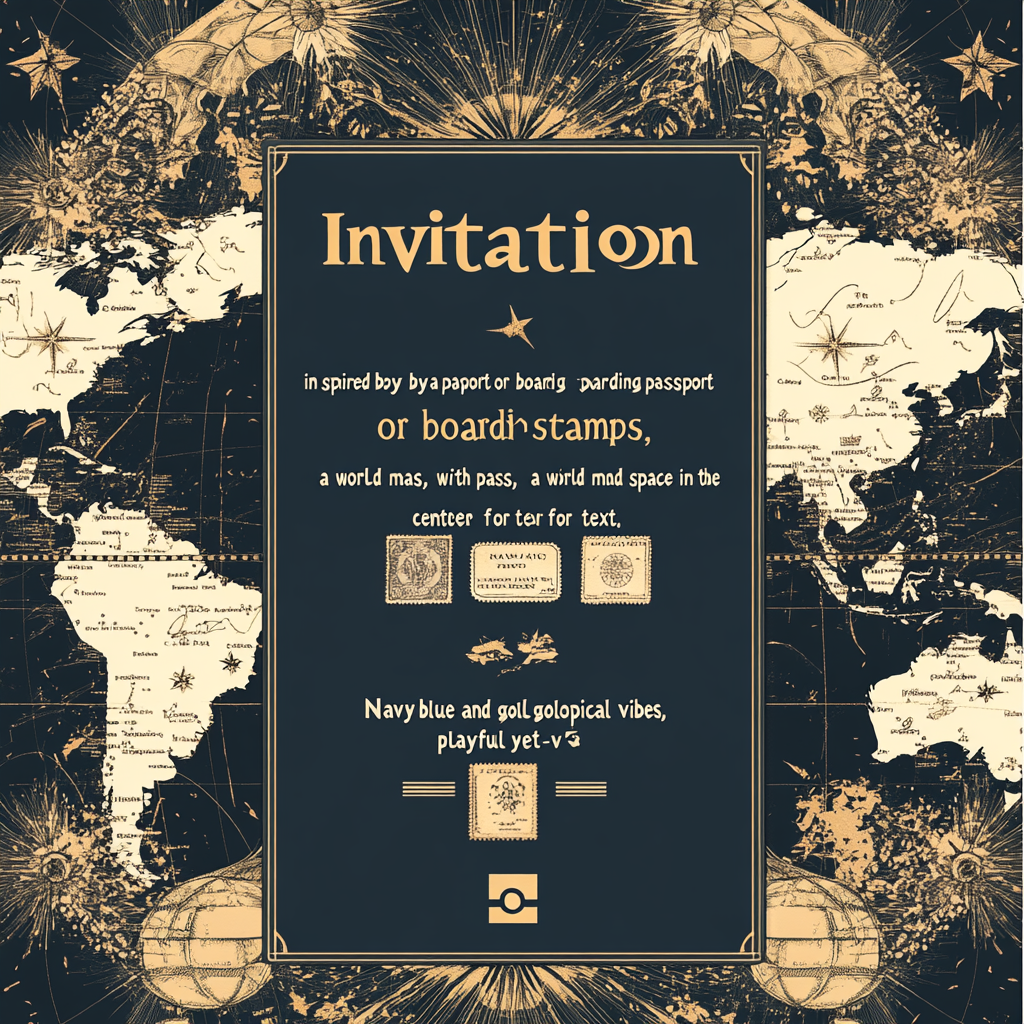 Passport-inspired invitation with world map, navy blue, gold.