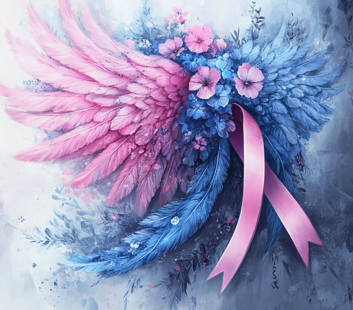 Pastel cancer ribbons with wings and flowers, detailed artwork.